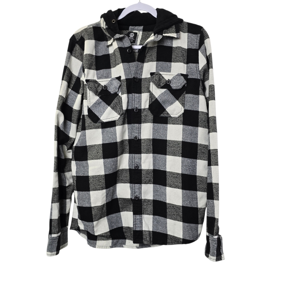 Amnesia Men’s Plaid Gingham Button-Down Shirt w/ Hood – Size M